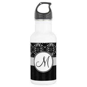 White on Black Damask and Stripes with Monogram 532 Ml Water Bottle