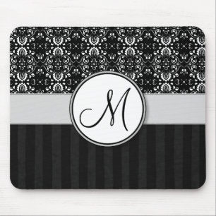 White on Black Damask and Stripes with Monogram Mouse Mat