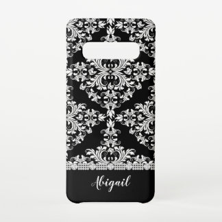 White on Black Damask With Rhinestones & Name Samsung Galaxy Case