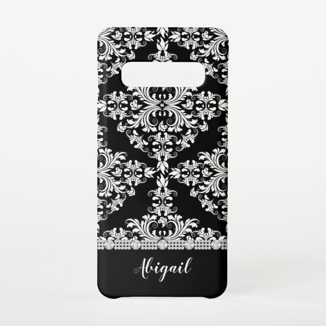 White on Black Damask With Rhinestones & Name Samsung Galaxy Case (Back)