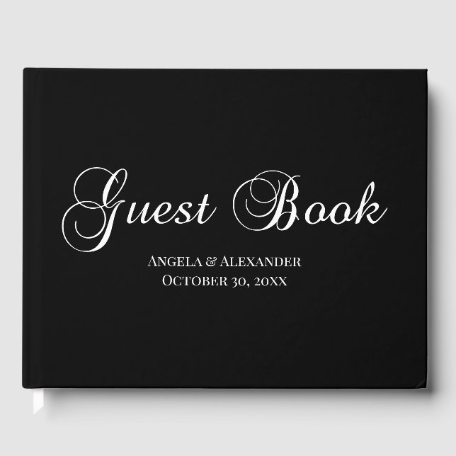 White on Black Decorative Script Personalised Guest Book (Front)