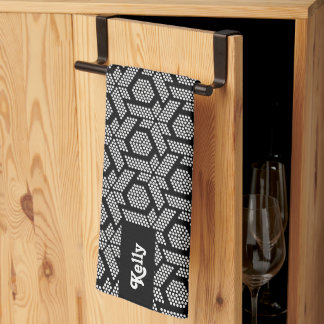 White on black dots geometric pattern tea towel