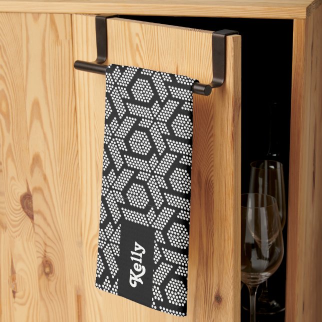 White on black dots geometric pattern tea towel (Thirds Fold)