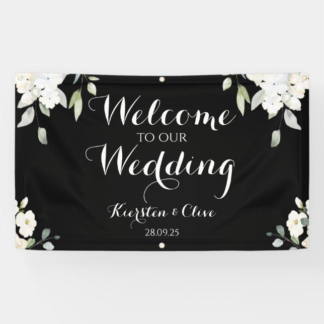 White On Black Floral Welcome To Our Wedding Banner (Horizontal)