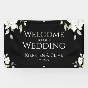 White On Black Floral Welcome To Our Wedding Font Banner