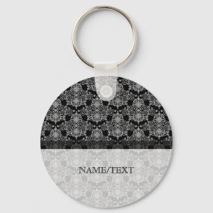 White On Black Geometric Pattern Swirls Key Ring