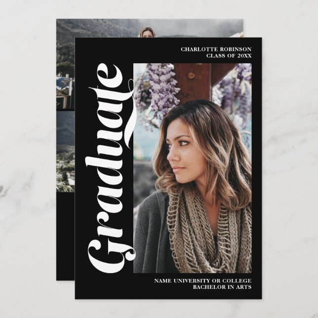 White on black graduate script photo graduation invitation (Front/Back)