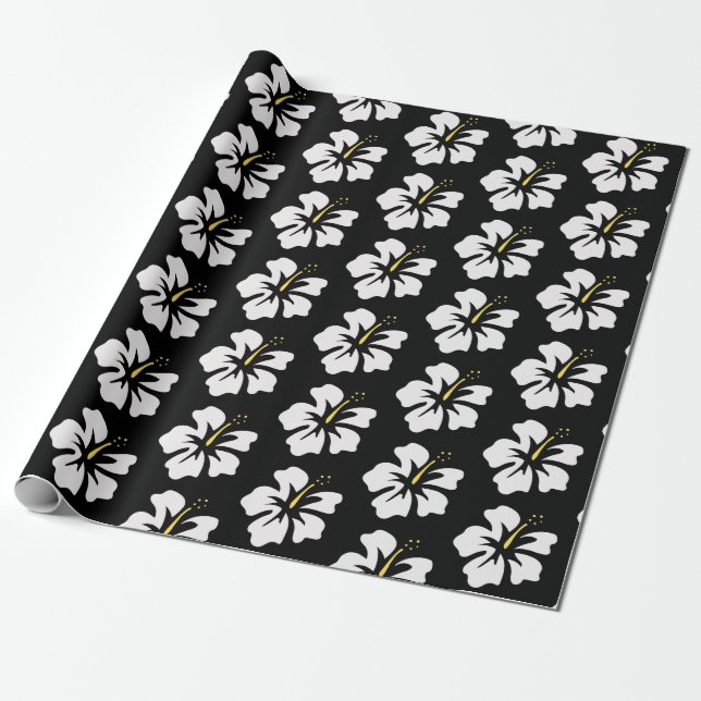 White on Black Hibiscus Wrapping Paper (Unrolled)
