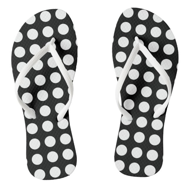 White on Black Large Size Horizontal Polka Dots Flip Flops (Footbed)