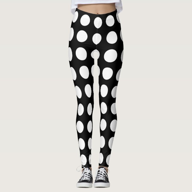 White on Black Large Size Horizontal Polka Dots Leggings (Front)