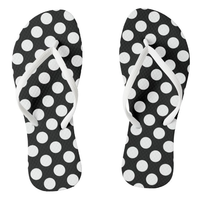 White on Black Large Size Polka Dots Flip Flops (Footbed)