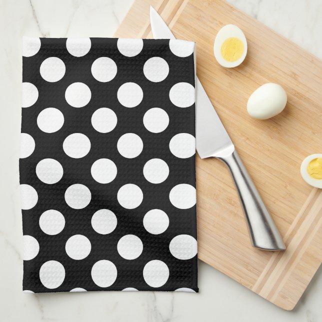 White on Black Large Size Polka Dots Tea Towel (Quarter Fold)