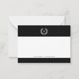 White On Black Laurel Monogram Polka Dot Pattern Card