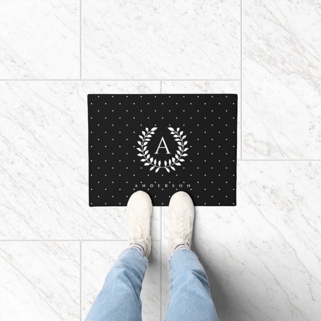 White On Black Laurel Monogram Polka Dot Pattern Doormat (Indoor)