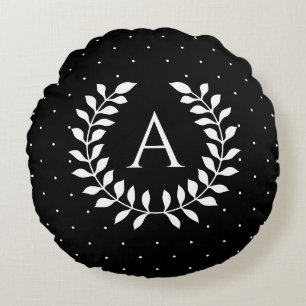 White On Black Laurel Monogram Polka Dot Pattern Round Cushion