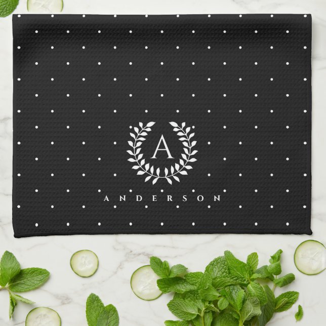 White On Black Laurel Monogram Polka Dot Pattern Tea Towel (Folded)
