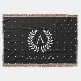 White On Black Laurel Monogram Polka Dot Pattern Throw Blanket