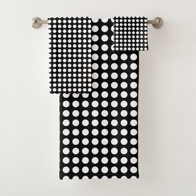 White on Black Medium Size Horizontal Polka Dots Bath Towel Set (Insitu)