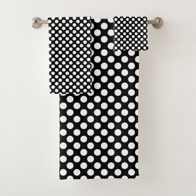 White on Black Medium Size Polka Dots Bath Towel Set (Insitu)