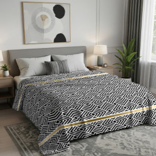 White On Black Modern Geometric Maze Pattern Fleece Blanket