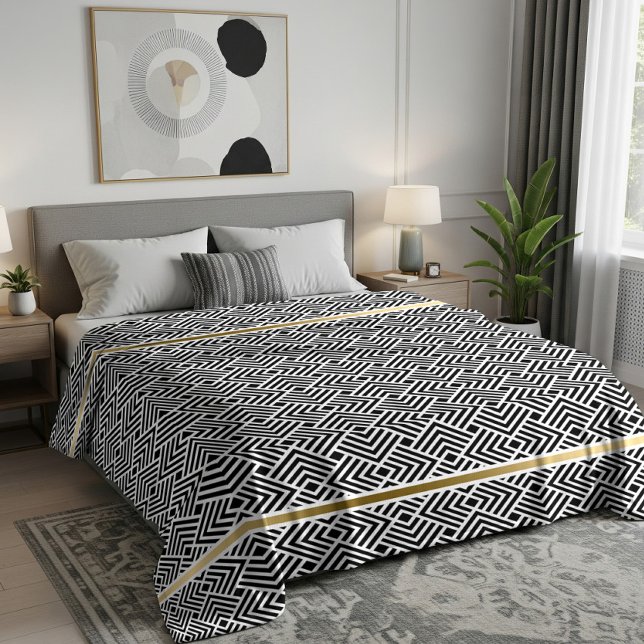 White On Black Modern Geometric Maze Pattern Fleece Blanket (Creator Uploaded)
