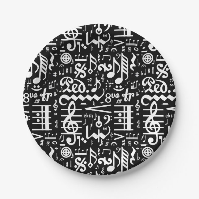 White on Black Musical Symbols Paper Plates (Front)