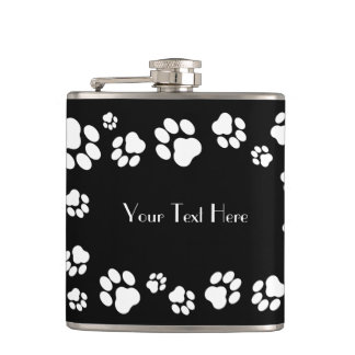White-on-Black Pawprint Customisable Hip Flask