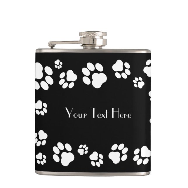 White-on-Black Pawprint Customisable Hip Flask (Front)