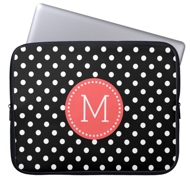 White On Black Polka Dot Coral-red Accents Laptop Sleeve (Front)