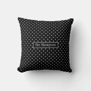 White On Black Polka Dots Pattern With Custom Name Cushion
