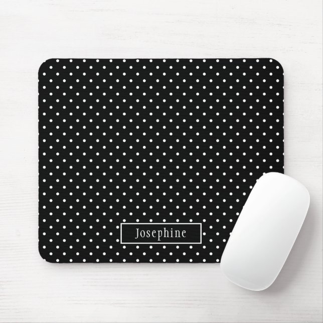 White On Black Polka Dots Pattern With Custom Name Mouse Mat (With Mouse)