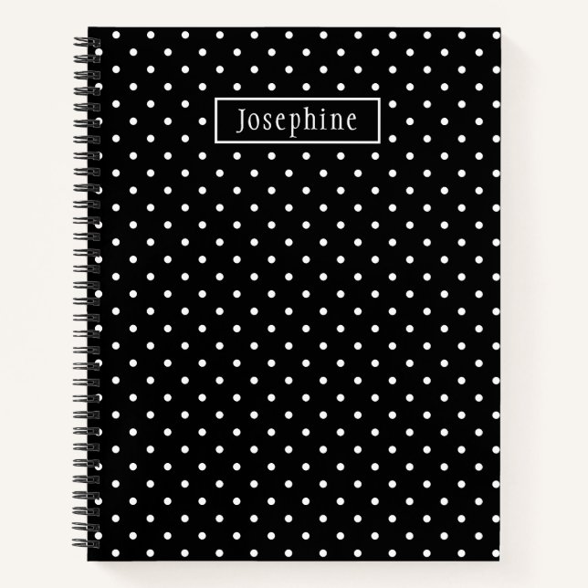 White On Black Polka Dots Pattern With Custom Name Notebook (Front)