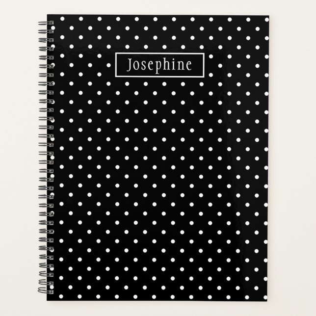 White On Black Polka Dots Pattern With Custom Name Planner (Front)