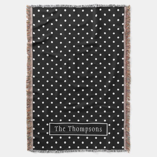 White On Black Polka Dots Pattern With Custom Name Throw Blanket (Front Vertical)