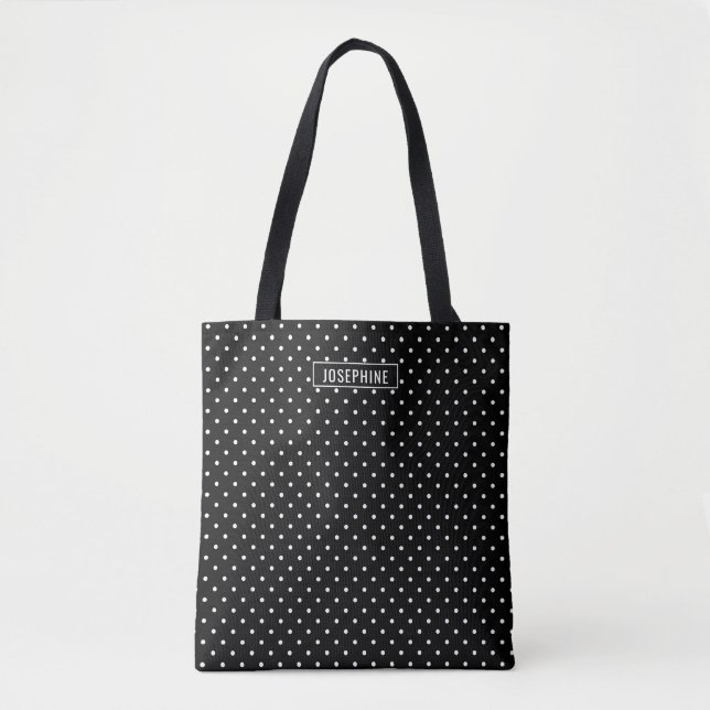 White On Black Polka Dots Pattern With Custom Name Tote Bag (Front)
