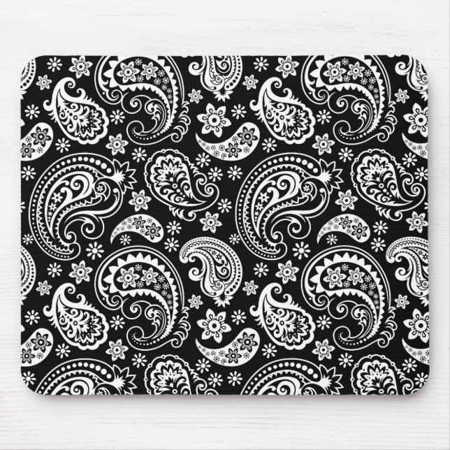 White On Black Retro Ornate Paisley Pattern Design Mouse Mat (Front)