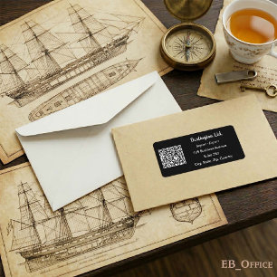 White on Black Script Business QR Code Address Label
