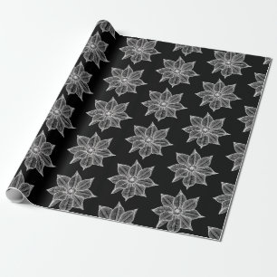White on Black Sketchy Flowers Wrapping Paper