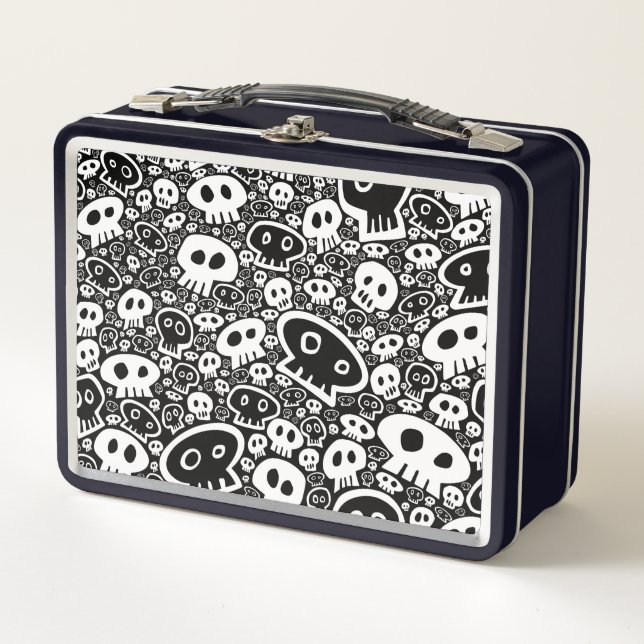 White-on-Black Skull Pattern Metal Lunch Box (Front)