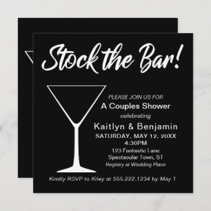 White on Black Stock the Bar Script Couples Shower Invitation