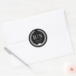 White on Black Wedding Monogram Initials Classic Round Sticker