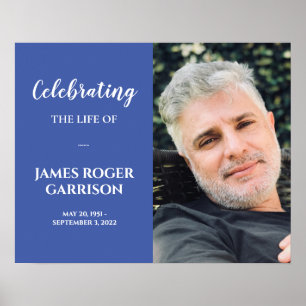 White On Blue Celebration of Life Memorial Photo P Poster