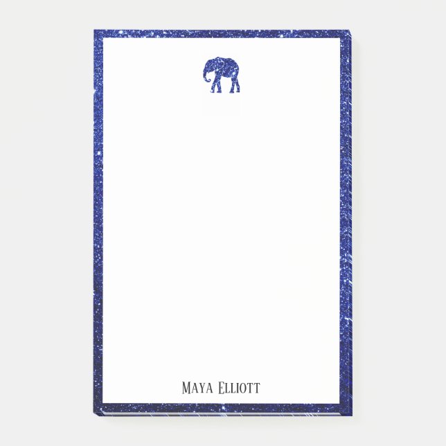 White on Blue Faux Glitter Elephant & Border, Name Post-it Notes (Front)