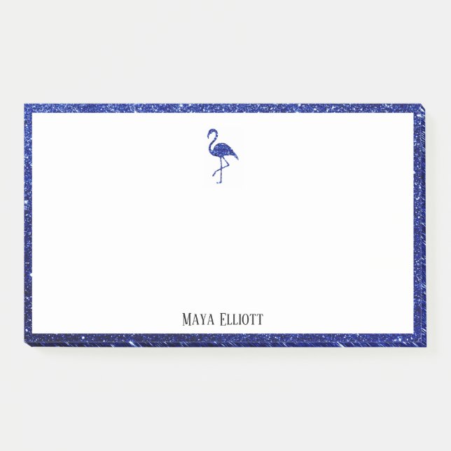 White on Blue Faux Glitter Flamingo & Border, Name Post-it Notes (Front)