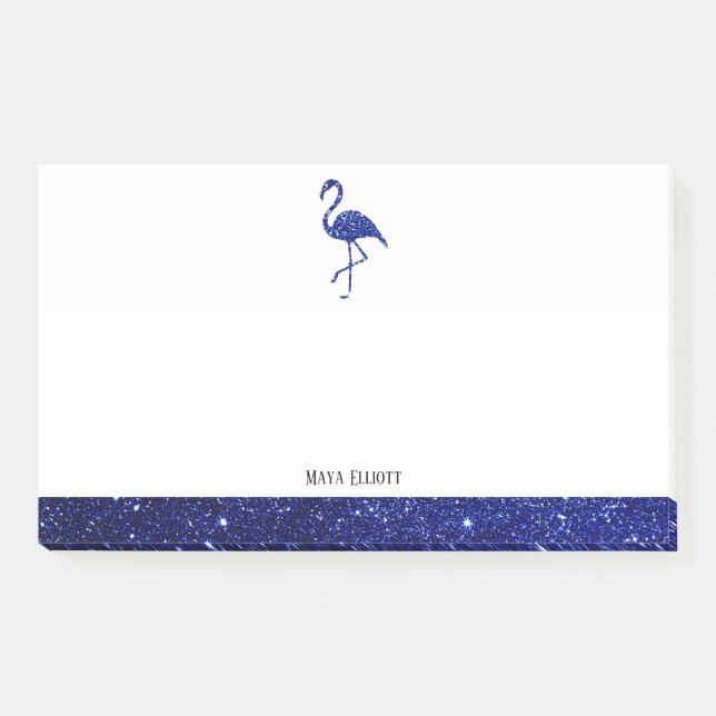 White on Blue Faux Glitter Flamingo & Border, Name Post-it Notes (Front)