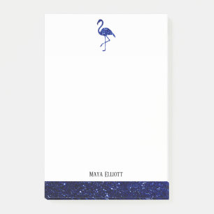 White on Blue Faux Glitter Flamingo & Border, Name Post-it Notes