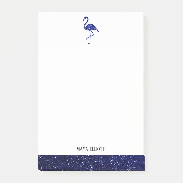 White on Blue Faux Glitter Flamingo & Border, Name Post-it Notes (Front)
