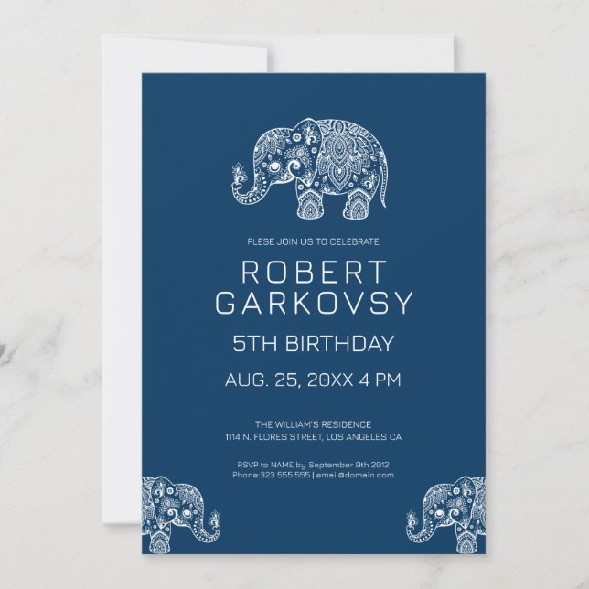 White on Blue Floral Elephant Invitation (Front)