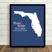 White on Blue, Florida State Map 8.5"x11" Print