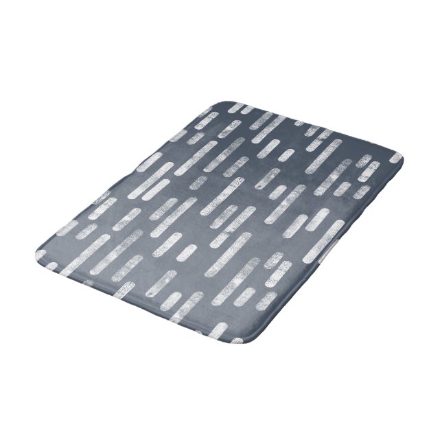 White on Blue Grey Rounded Lines Pattern Bath Mat (Angled)